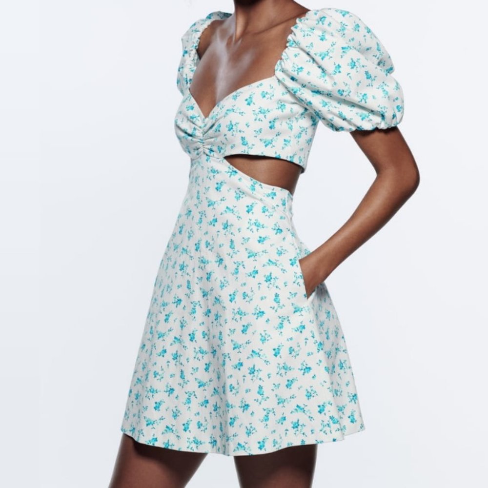 ZARA FLORAL CUT OUT DRESS White & Blue Flower Dress